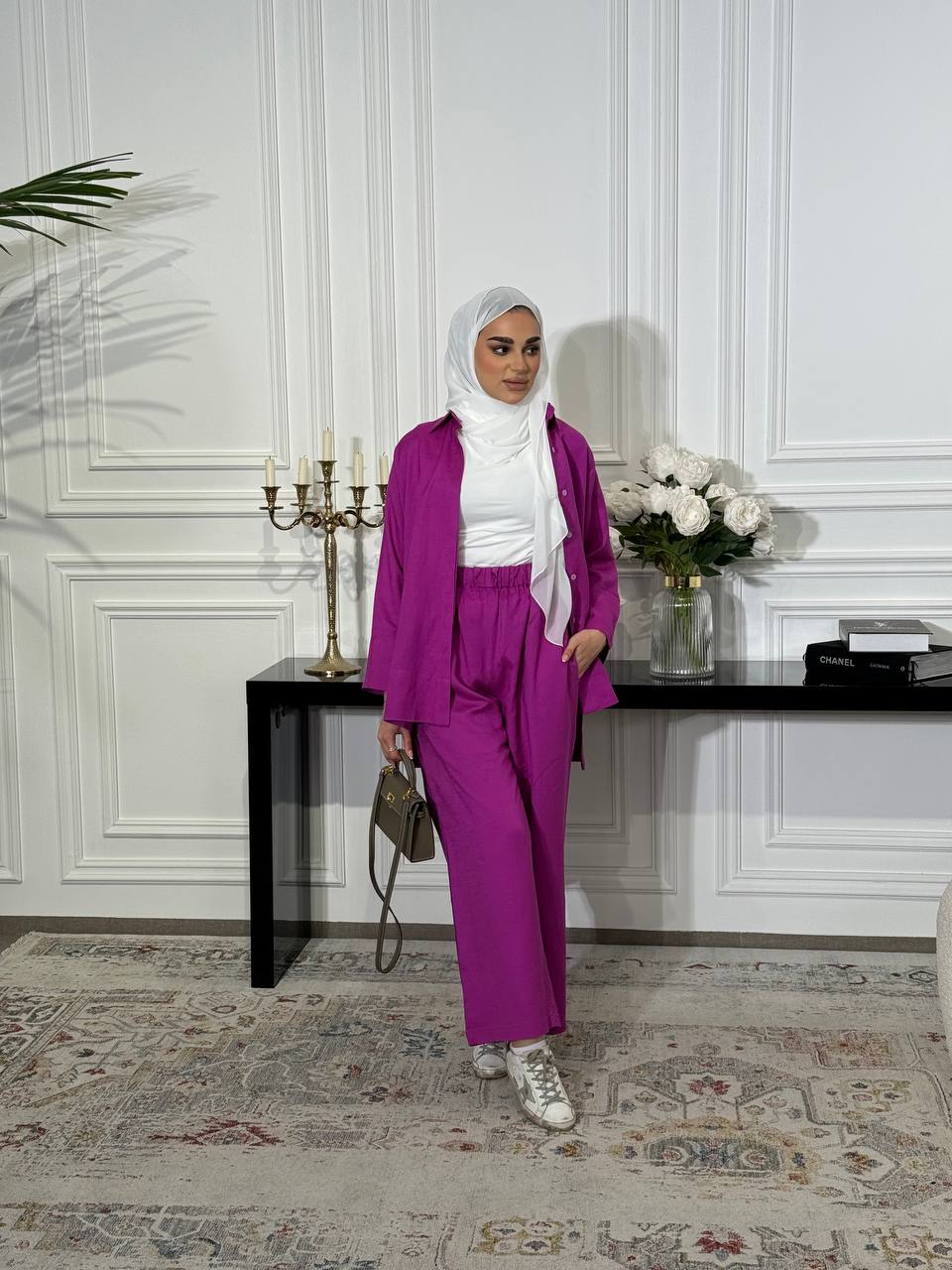 Natural linen set consisting of a shirt and pants in pink C:J6502 Pink