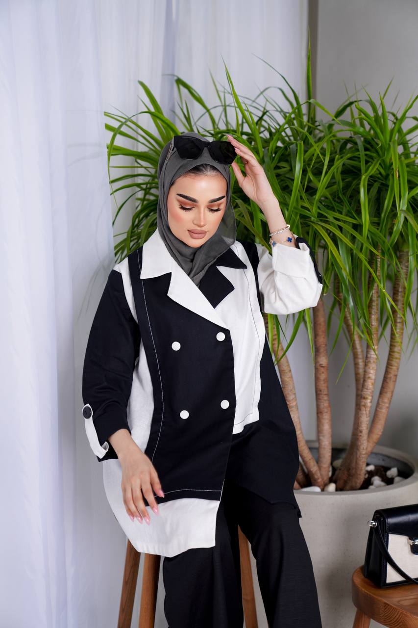 Linen set consisting of a blazer and pants in black and white C:J1010