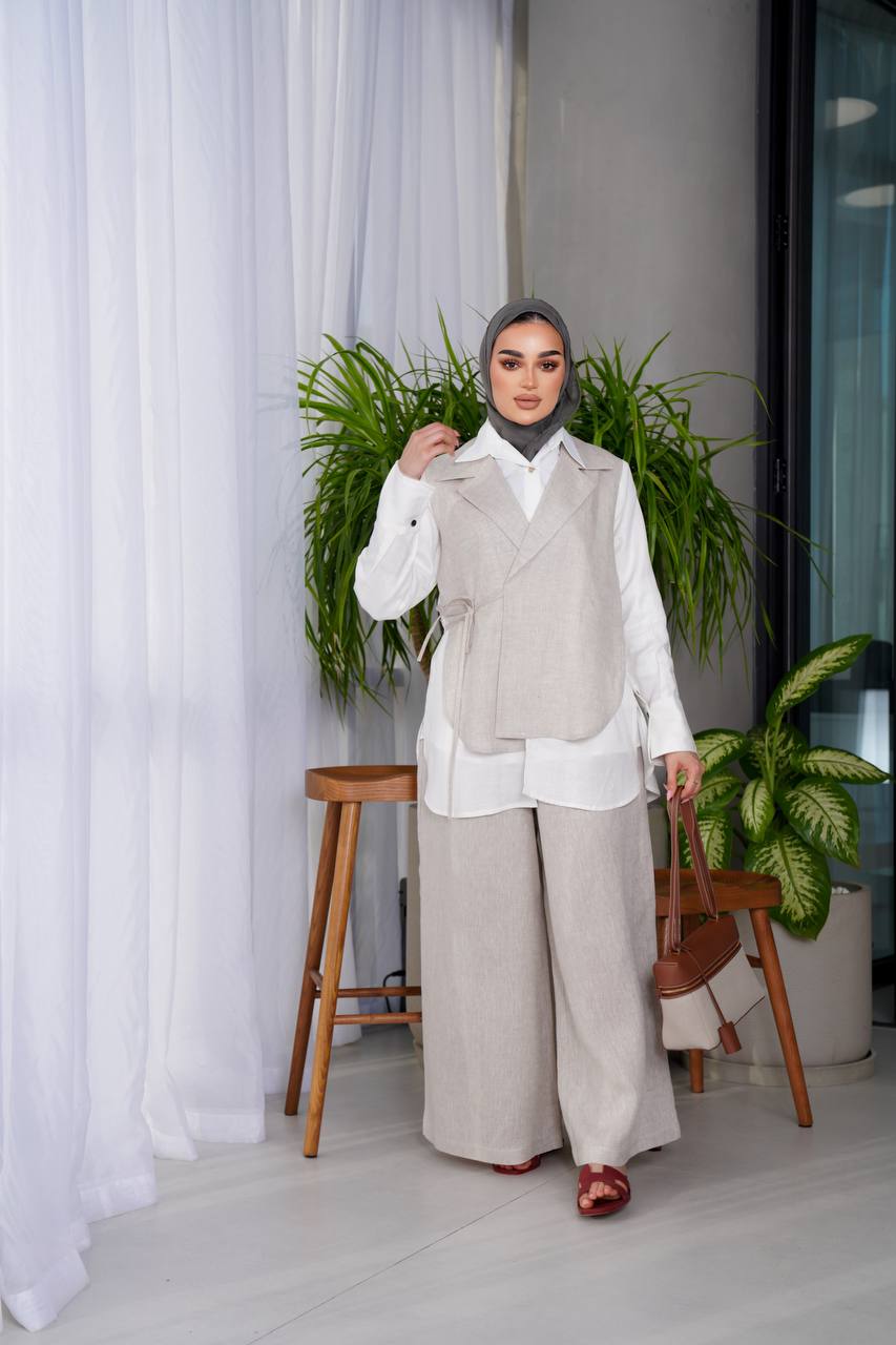 طقم قميص مع بنطلون لينن باللون البيج C:J1012