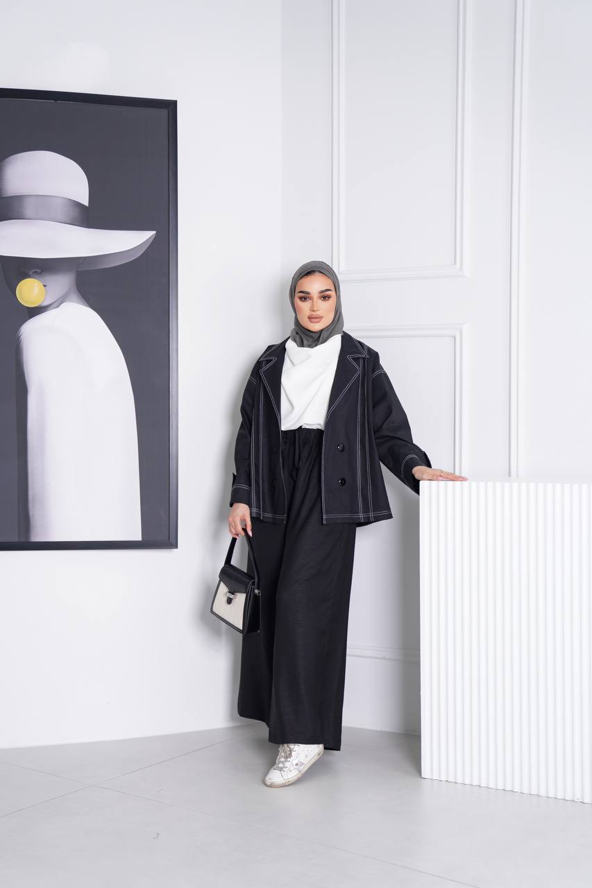 Blazer and pants set, black trench coat fabric C:J1013