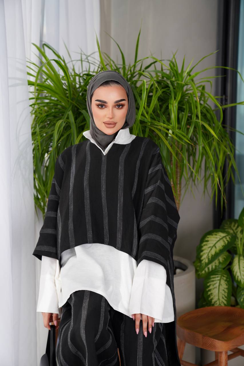 Black striped linen blouse and pants set C:J1014