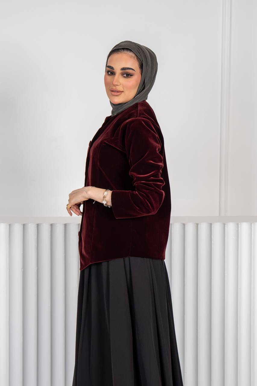 Burgundy velvet jacket set with trench coat skirt C:J1020 burgundy
