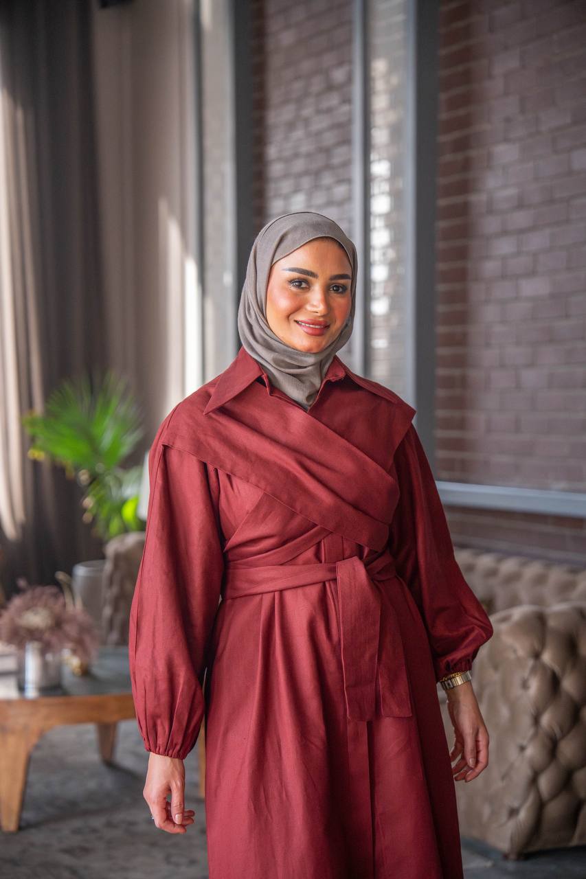 فستان بخام لينن باللون العنابي C:J1027 Burgundy