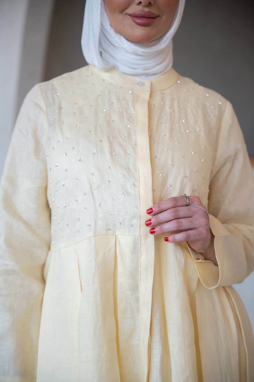 Distinctive butter yellow linen dress C:J1039 Yellow