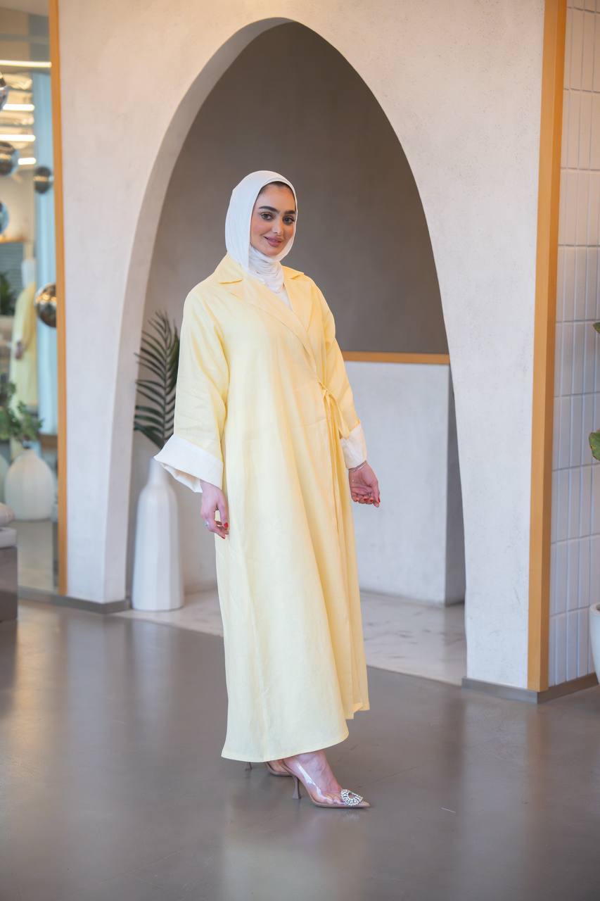 بليزر باللون الاصفر مع طقم داخلي بلوزة حفر و بنطلون ، بخام لينن الطبيعي C:J1037 yellow set