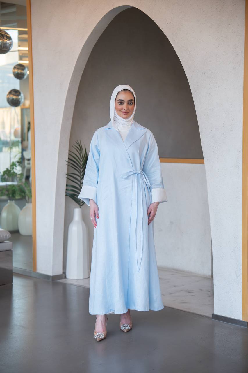 بليزر باللون الازرق مع طقم داخلي بلوزة حفر و بنطلون ، بخام لينن الطبيعي C:J1037 Blue set