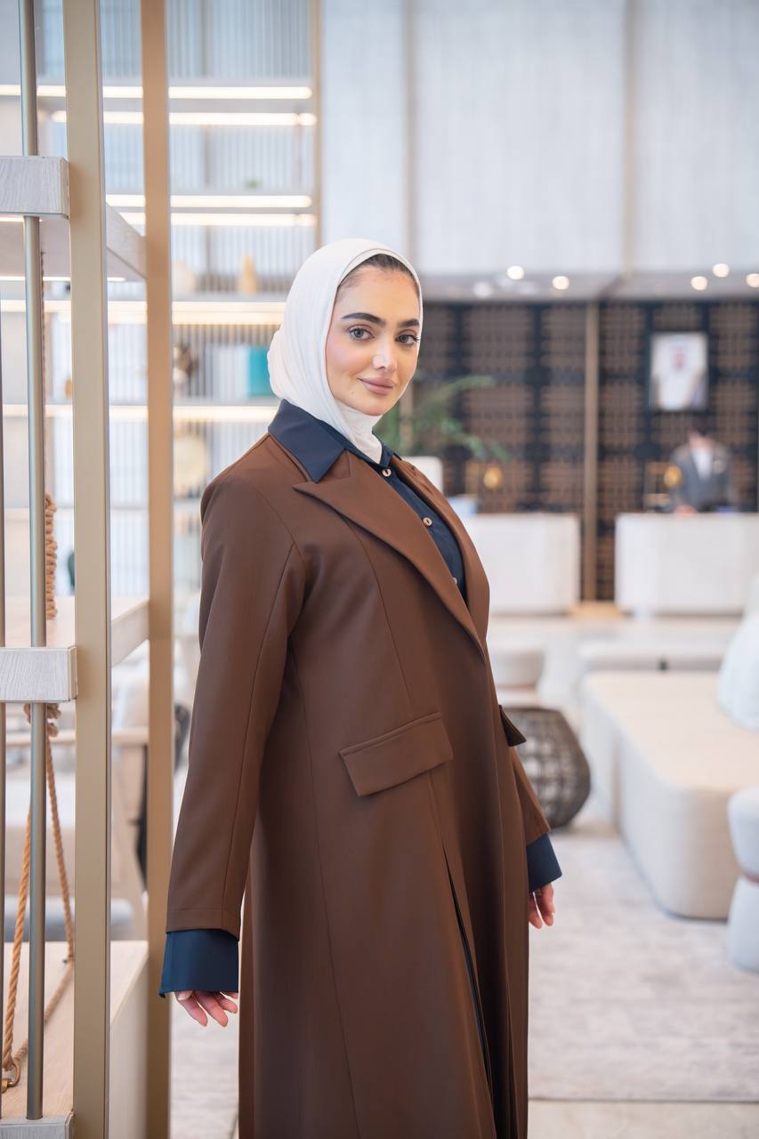 Brown blazer set with navy blue shirt and pants. C:1049 Set