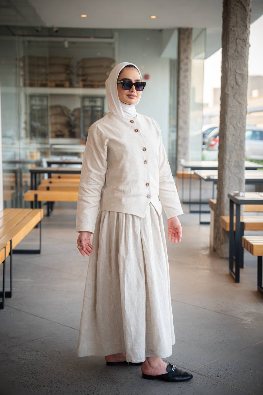 Beige Linen Dress and Vest Set C:J1015