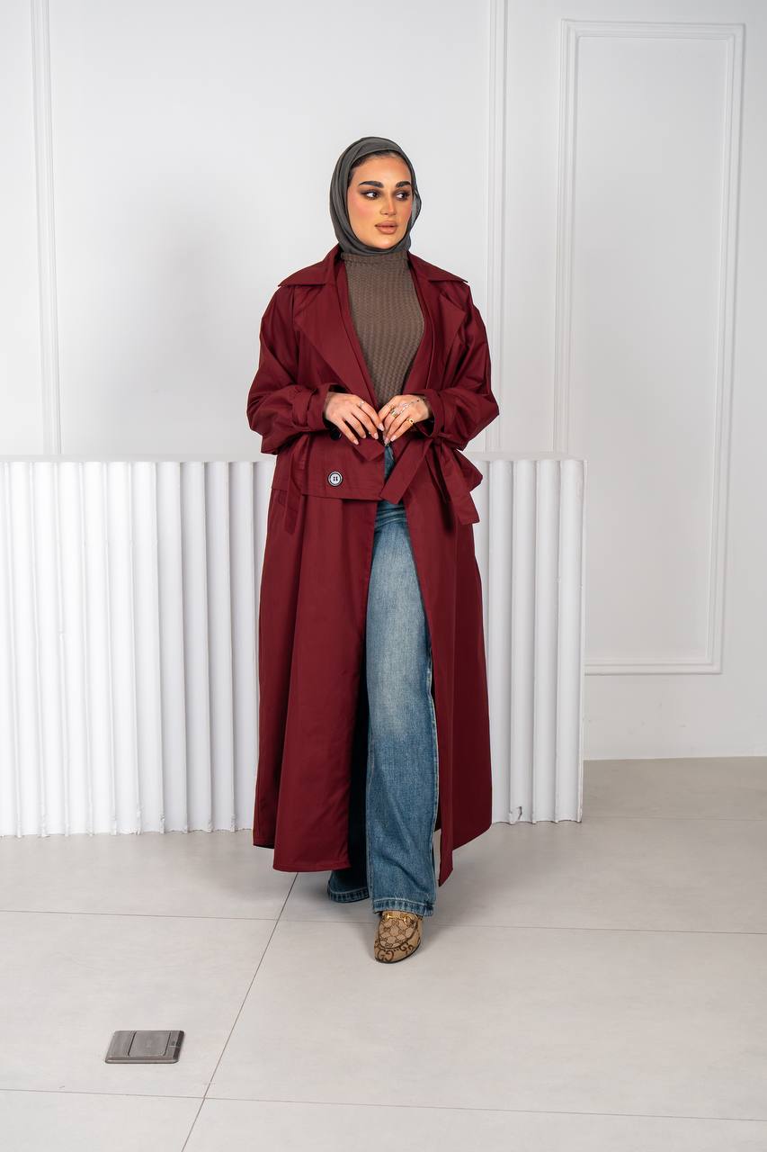 burgundy trench coat.C:J1018 Burgundy