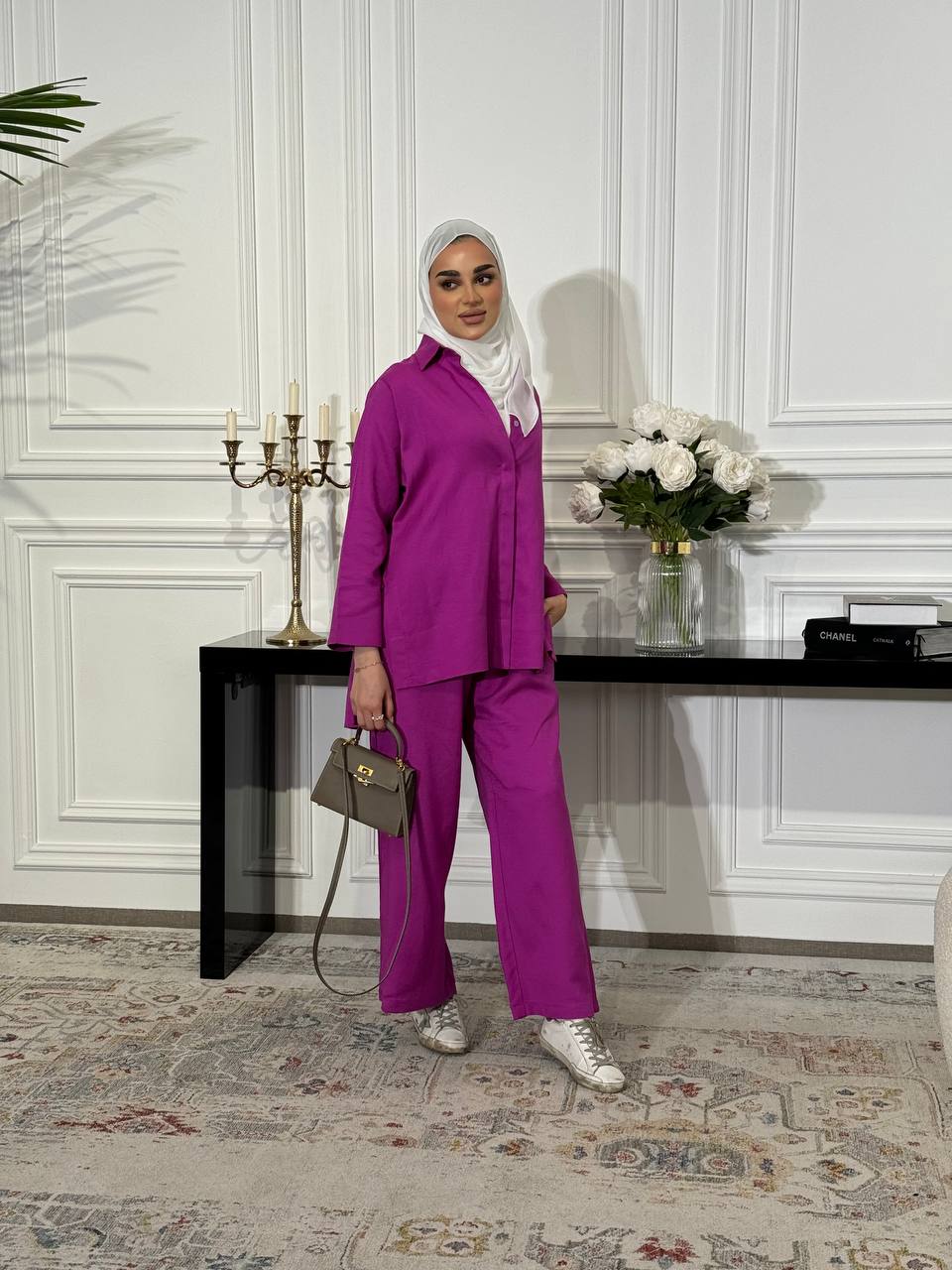 Natural linen set consisting of a shirt and pants in pink C:J6502 Pink