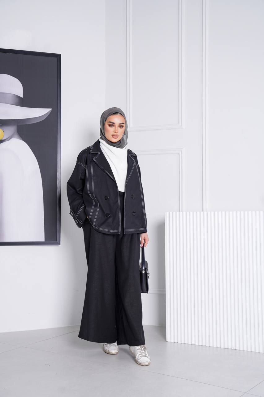 Blazer and pants set, black trench coat fabric C:J1013