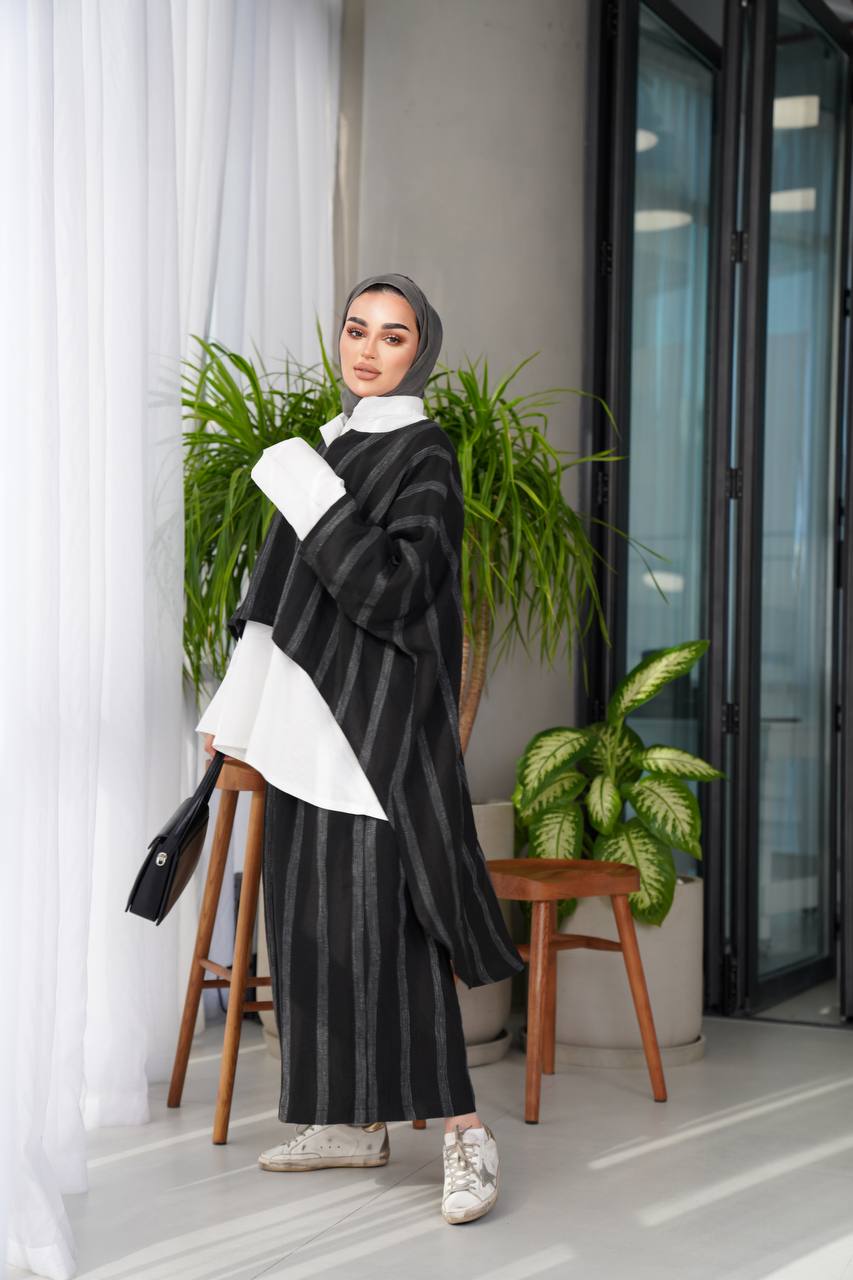 Black striped linen blouse and pants set C:J1014