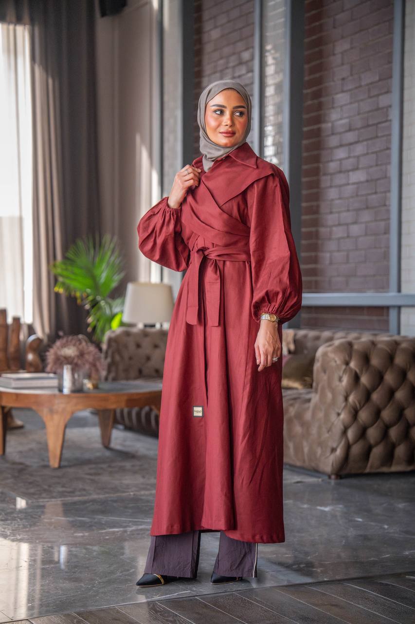 فستان بخام لينن باللون العنابي C:J1027 Burgundy