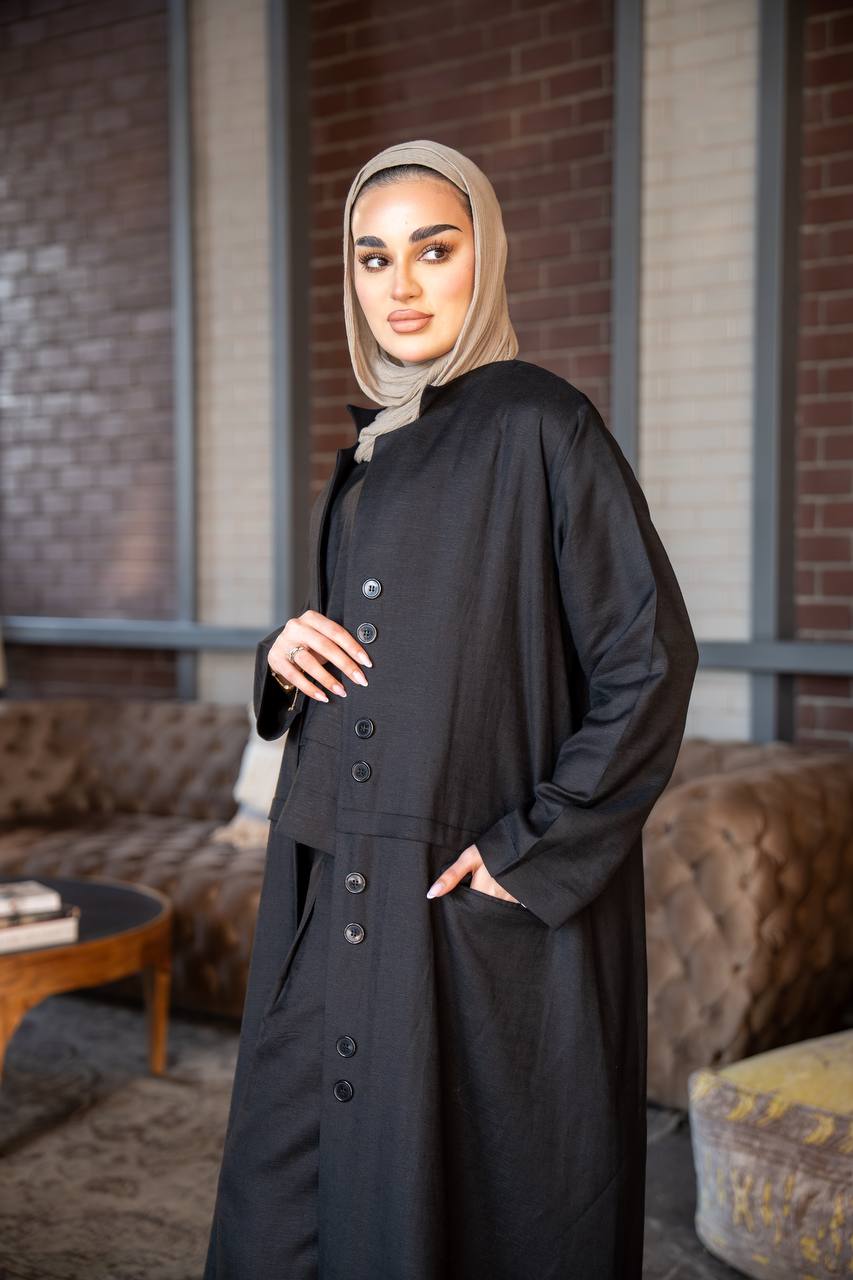 Black vest and inner set, made of natural linen C:J1021 Black set