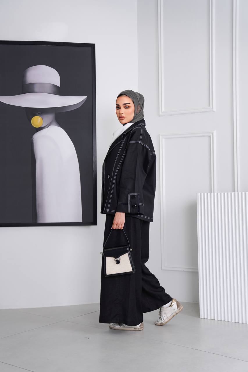 Blazer and pants set, black trench coat fabric C:J1013
