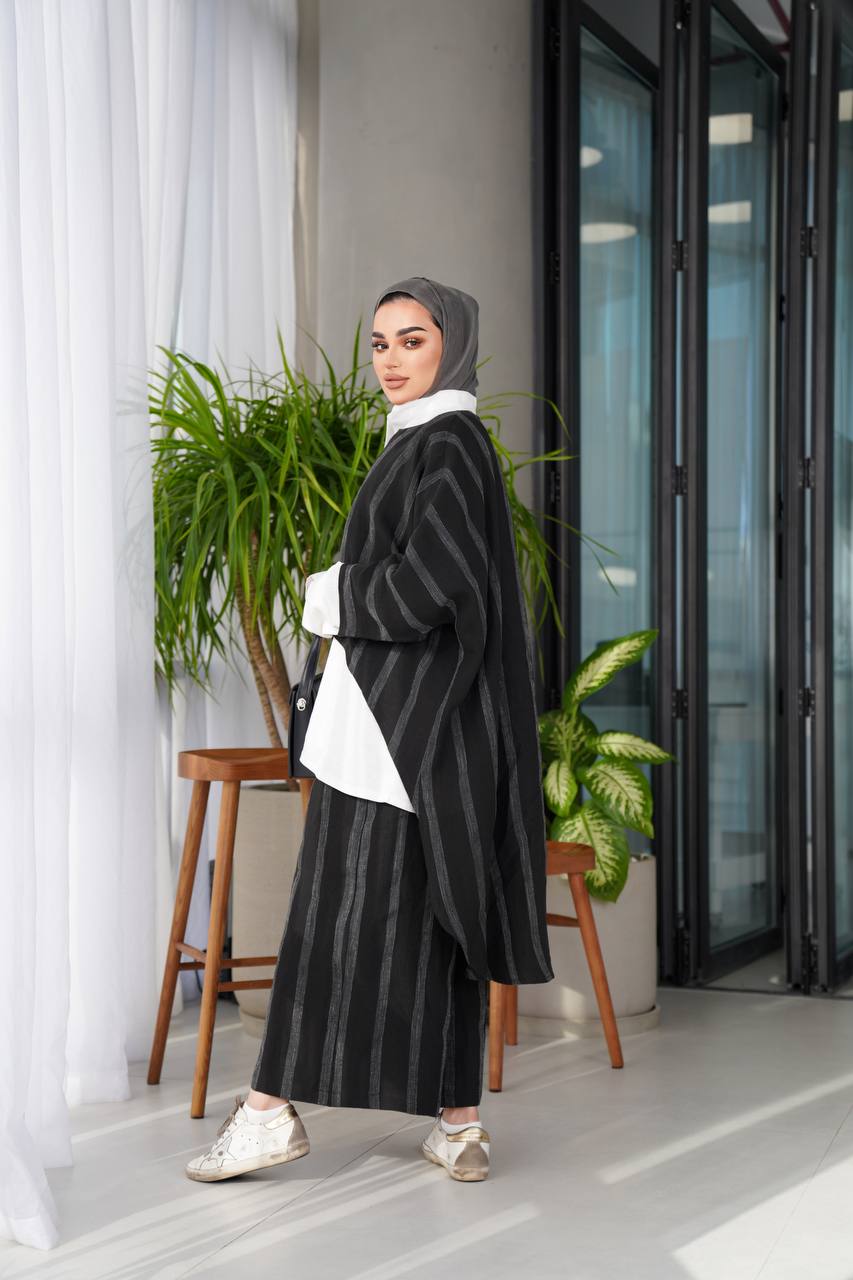 Black striped linen blouse and pants set C:J1014