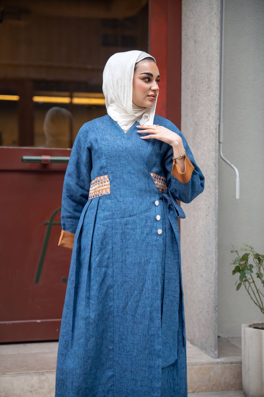فستان بخام لينن باللون الازرق C:J1025