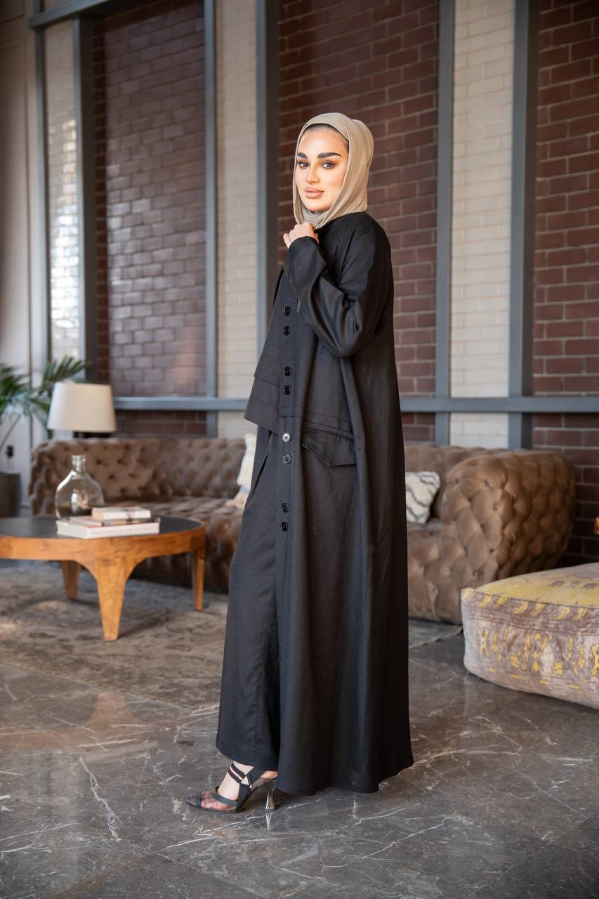 Black vest and inner set, made of natural linen C:J1021 Black set