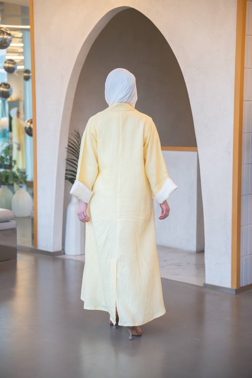 بليزر باللون الاصفر مع طقم داخلي بلوزة حفر و بنطلون ، بخام لينن الطبيعي C:J1037 yellow set