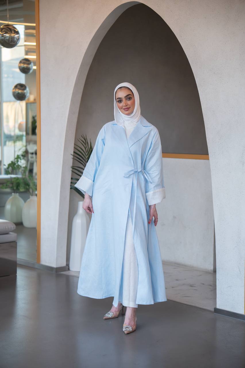 بليزر باللون الازرق مع طقم داخلي بلوزة حفر و بنطلون ، بخام لينن الطبيعي C:J1037 Blue set