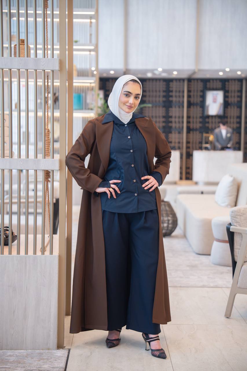 Brown blazer set with navy blue shirt and pants. C:1049 Set