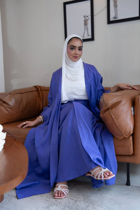 A blue linen abaya set including a blouse and skirt . C:1098