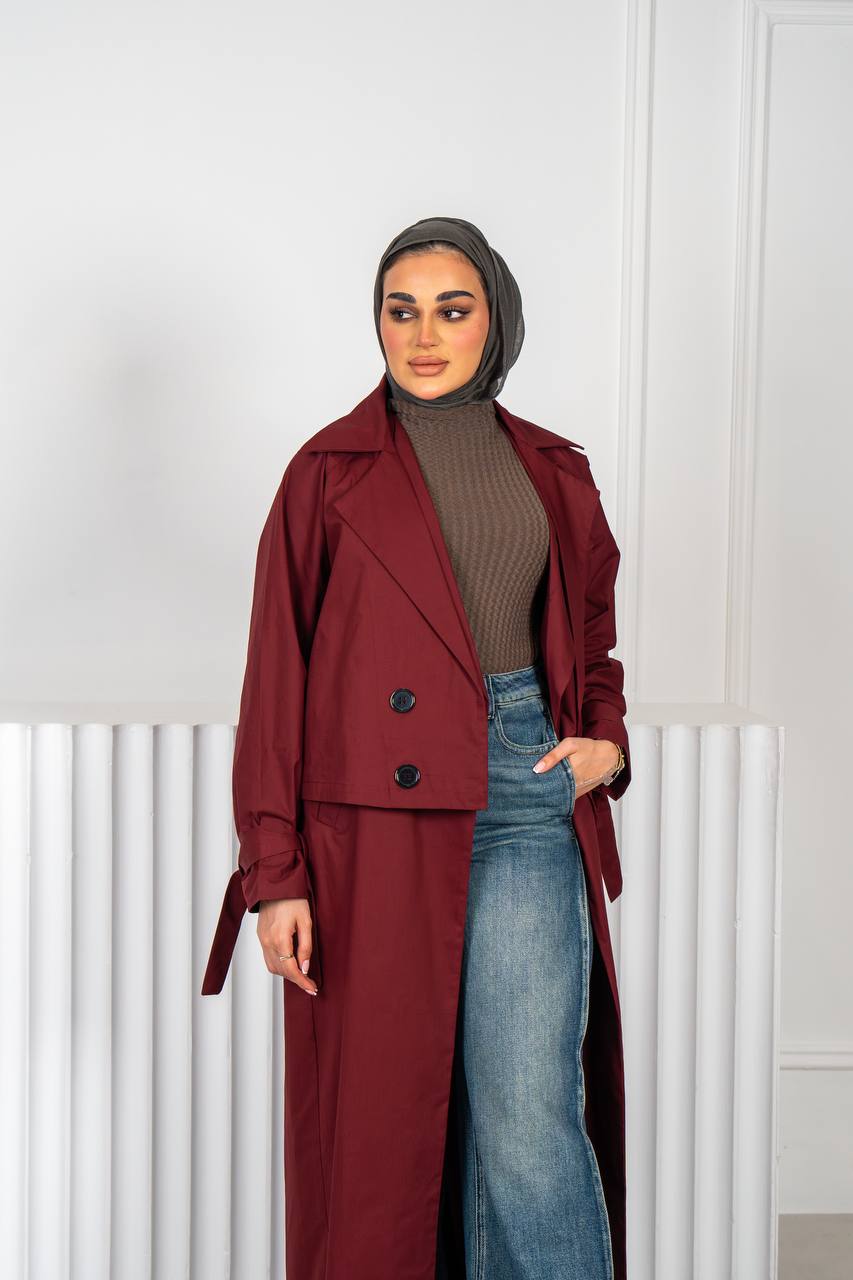 burgundy trench coat.C:J1018 Burgundy