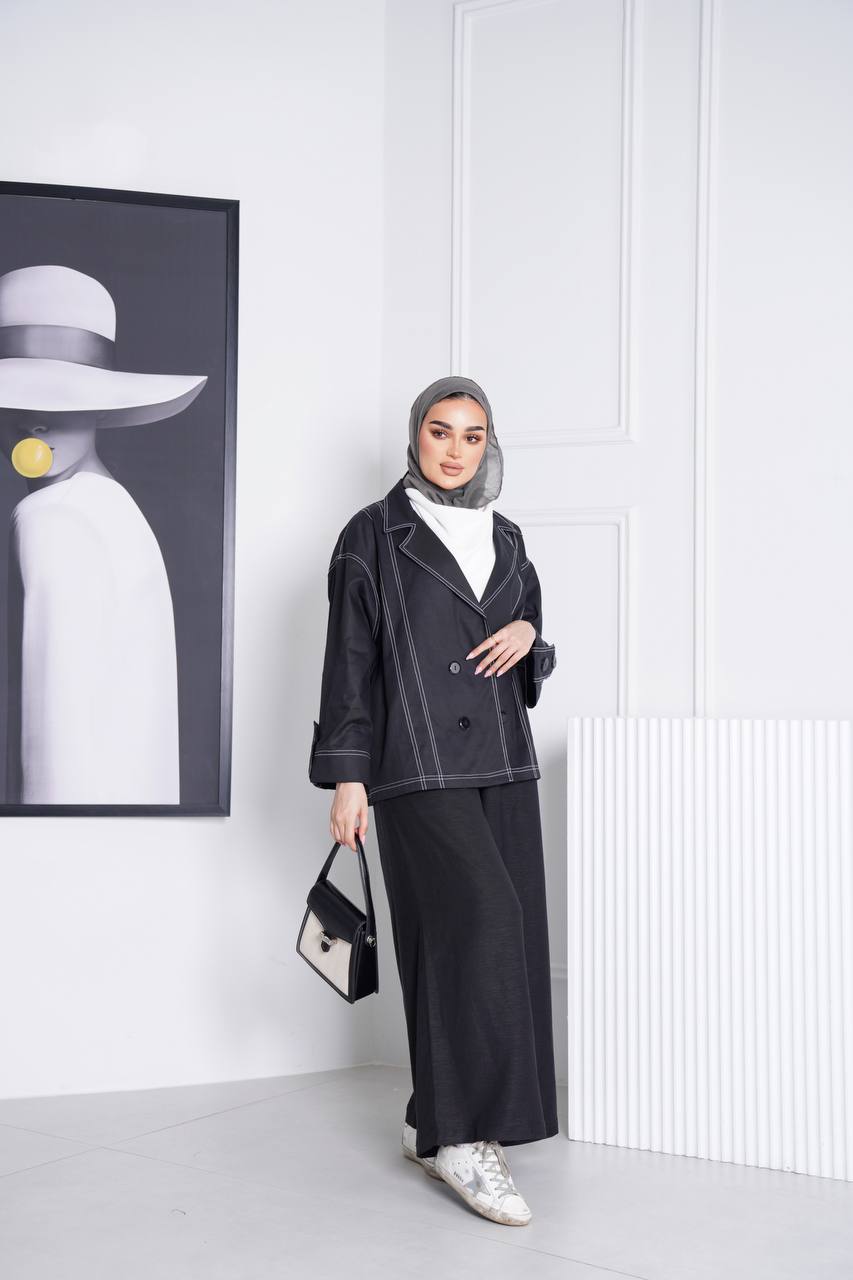 Blazer and pants set, black trench coat fabric C:J1013