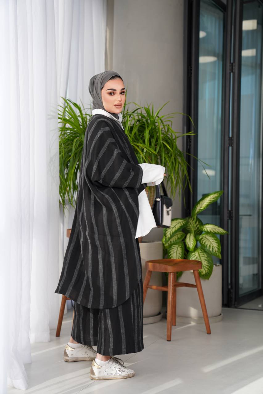 Black striped linen blouse and pants set C:J1014