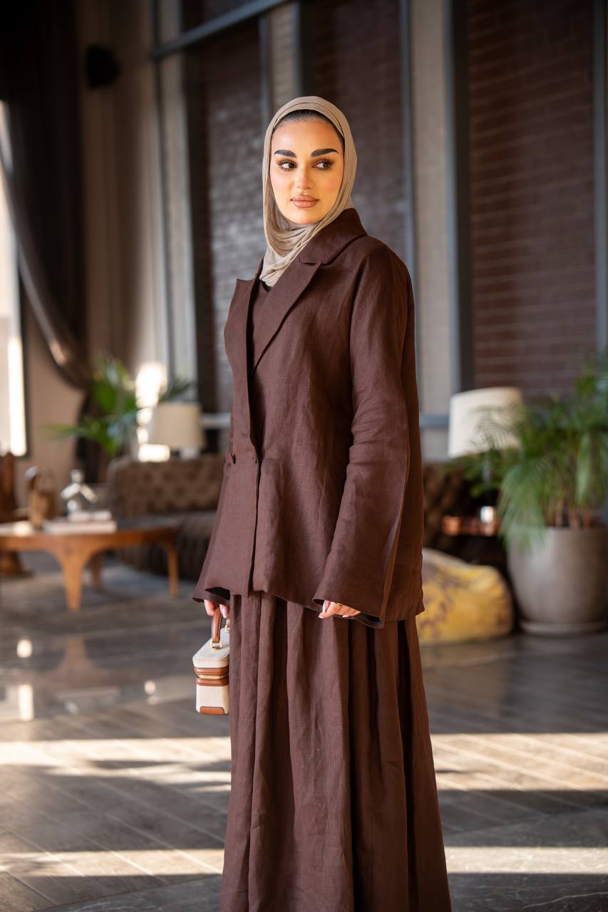 طقم بليزر و فستان لينن باللون البني C:J1024