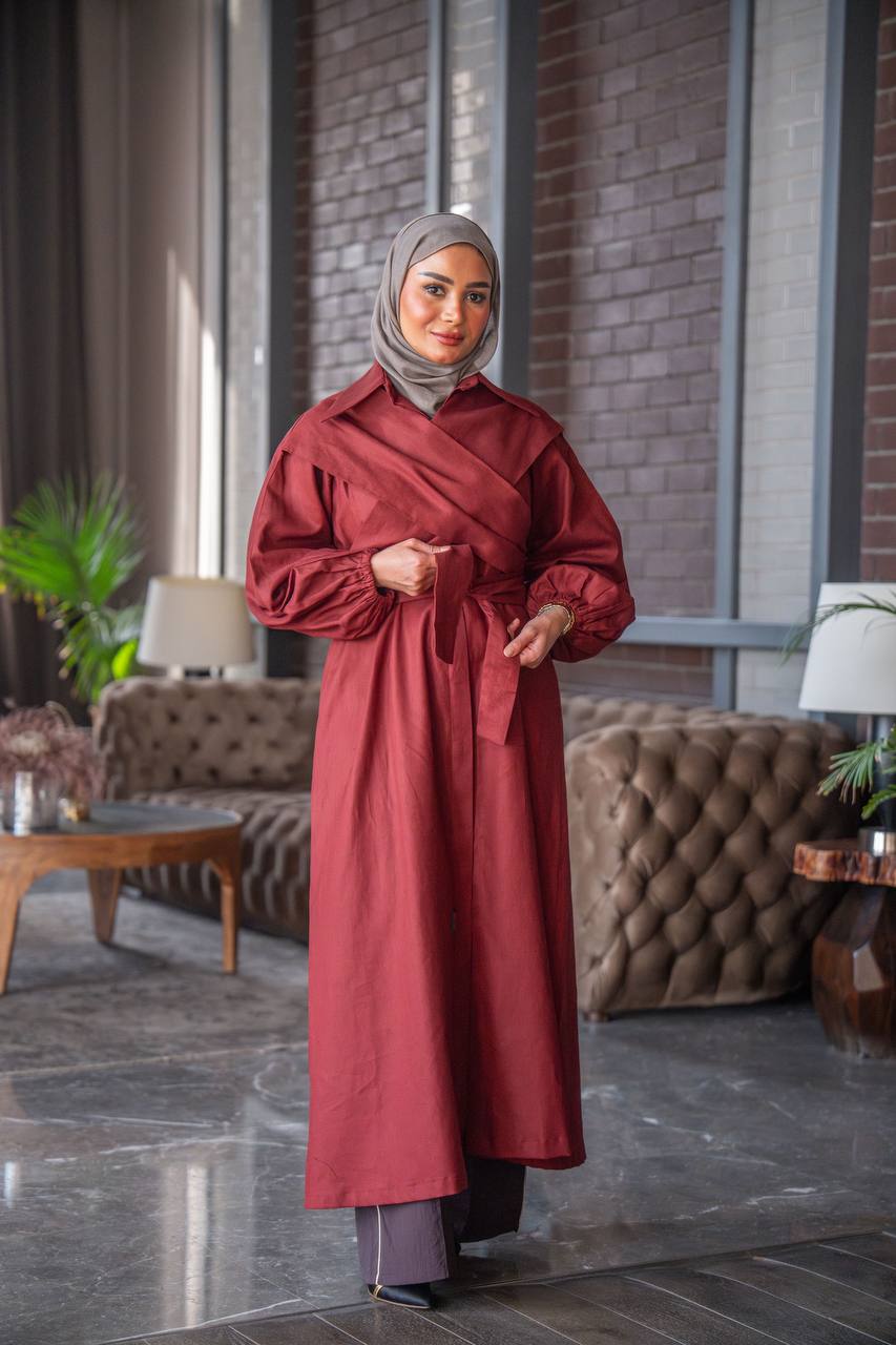 فستان بخام لينن باللون العنابي C:J1027 Burgundy