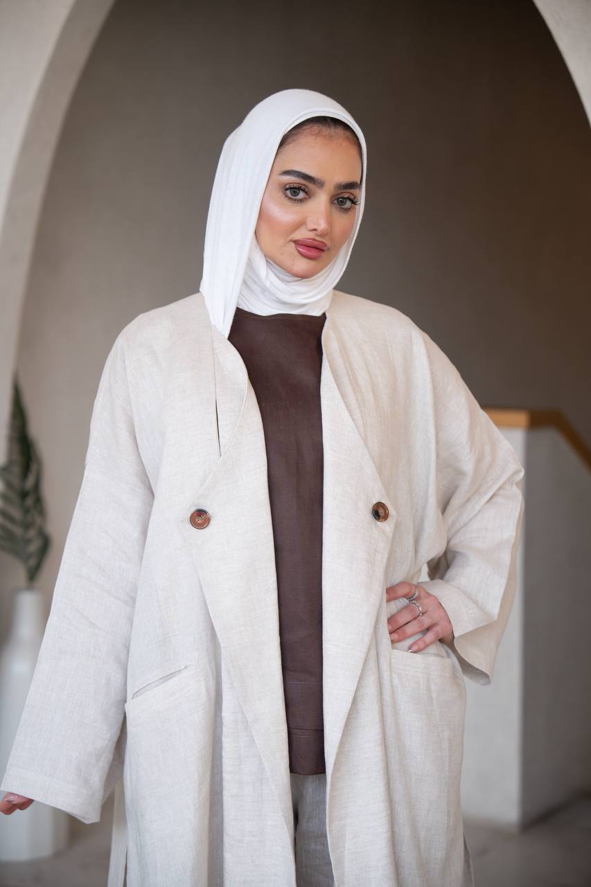 فستان باللون البيج مع طقم داخلي ، بخام لينن C:J1034 Set