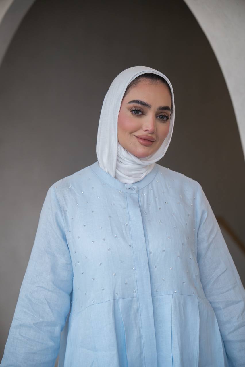 فستان لينن باللون ازرق فاتح مع شك يدوي C:J1039 Blue