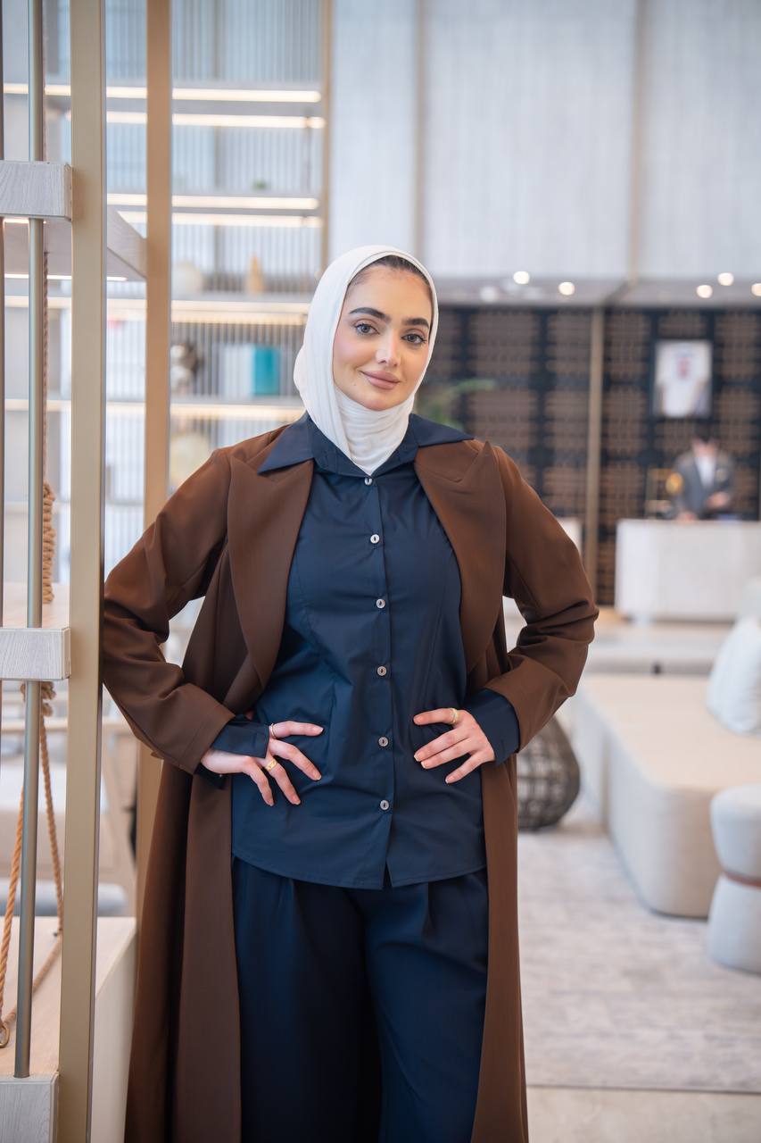Brown blazer set with navy blue shirt and pants. C:1049 Set