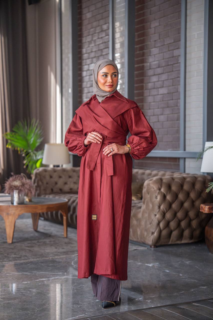فستان بخام لينن باللون العنابي C:J1027 Burgundy