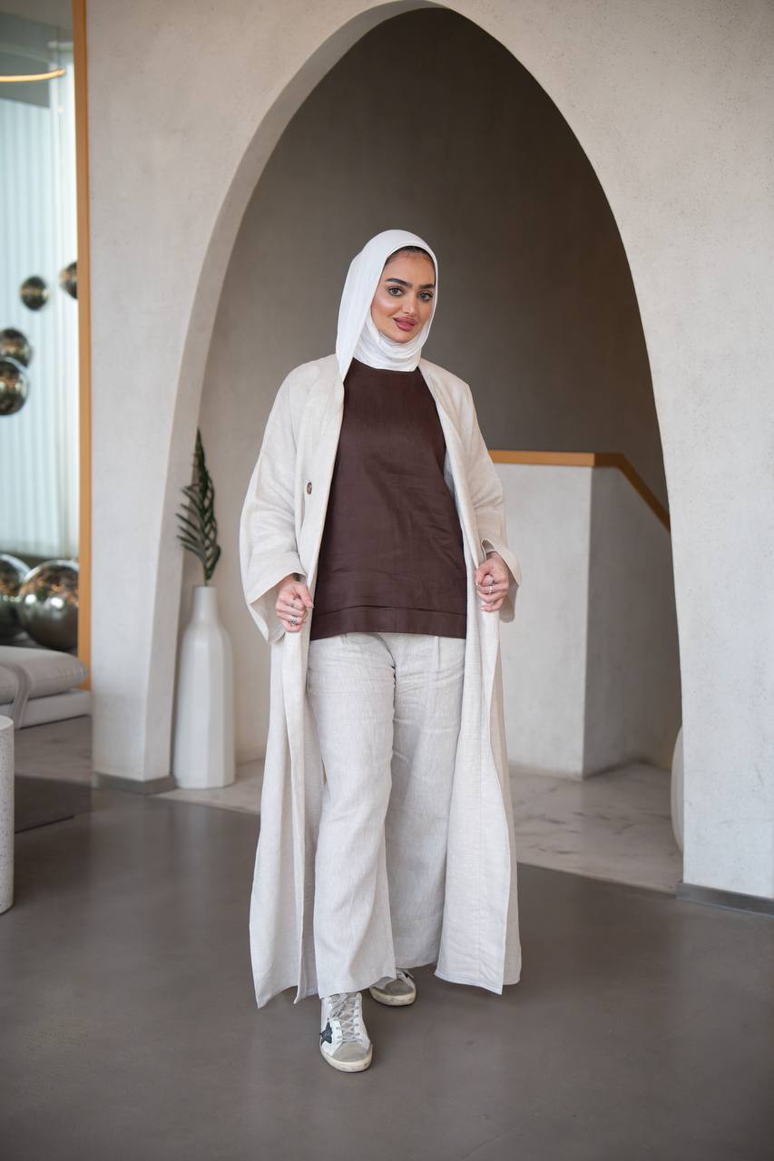 فستان باللون البيج مع طقم داخلي ، بخام لينن C:J1034 Set