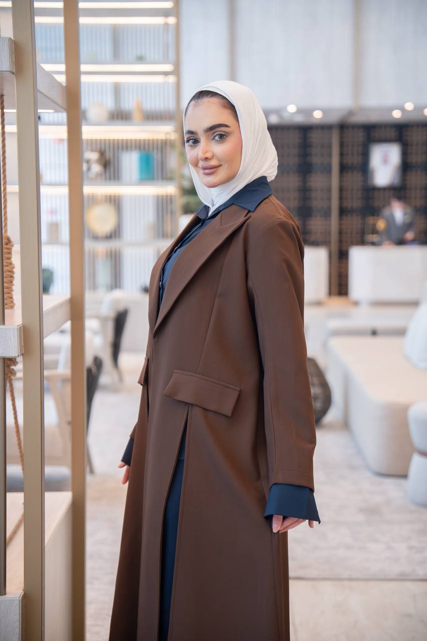 Brown blazer set with navy blue shirt and pants. C:1049 Set