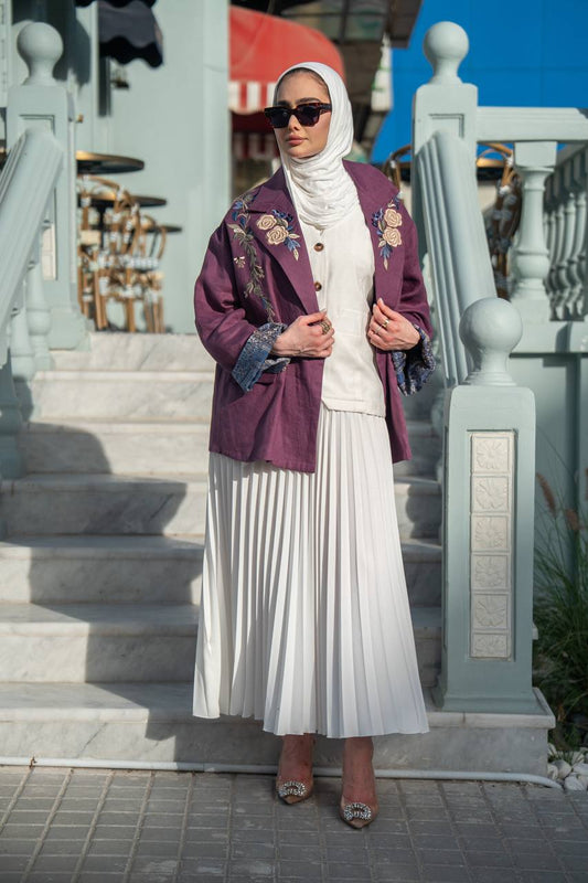 Burgundy blazer set with a white dress. C:1090