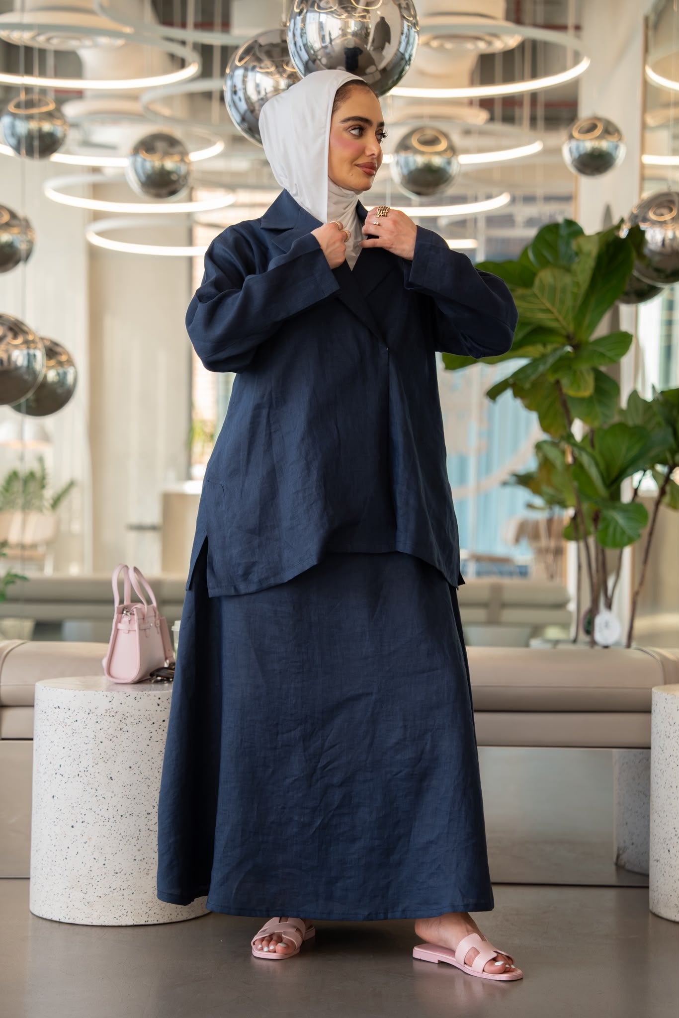 Navy blue linen shirt and skirt.C:1113