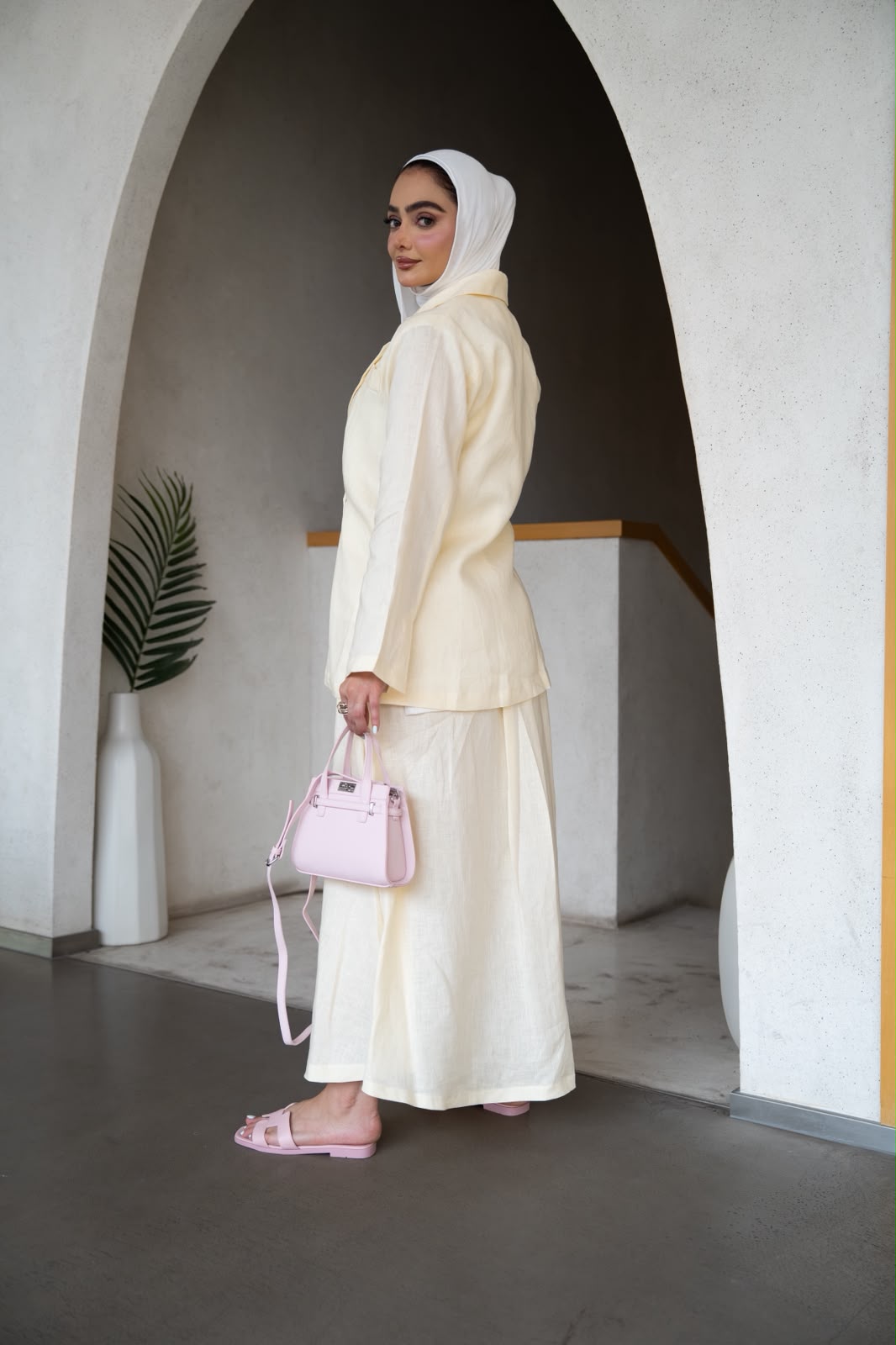 Blazer and skirt set, light yellow linen. C:1107