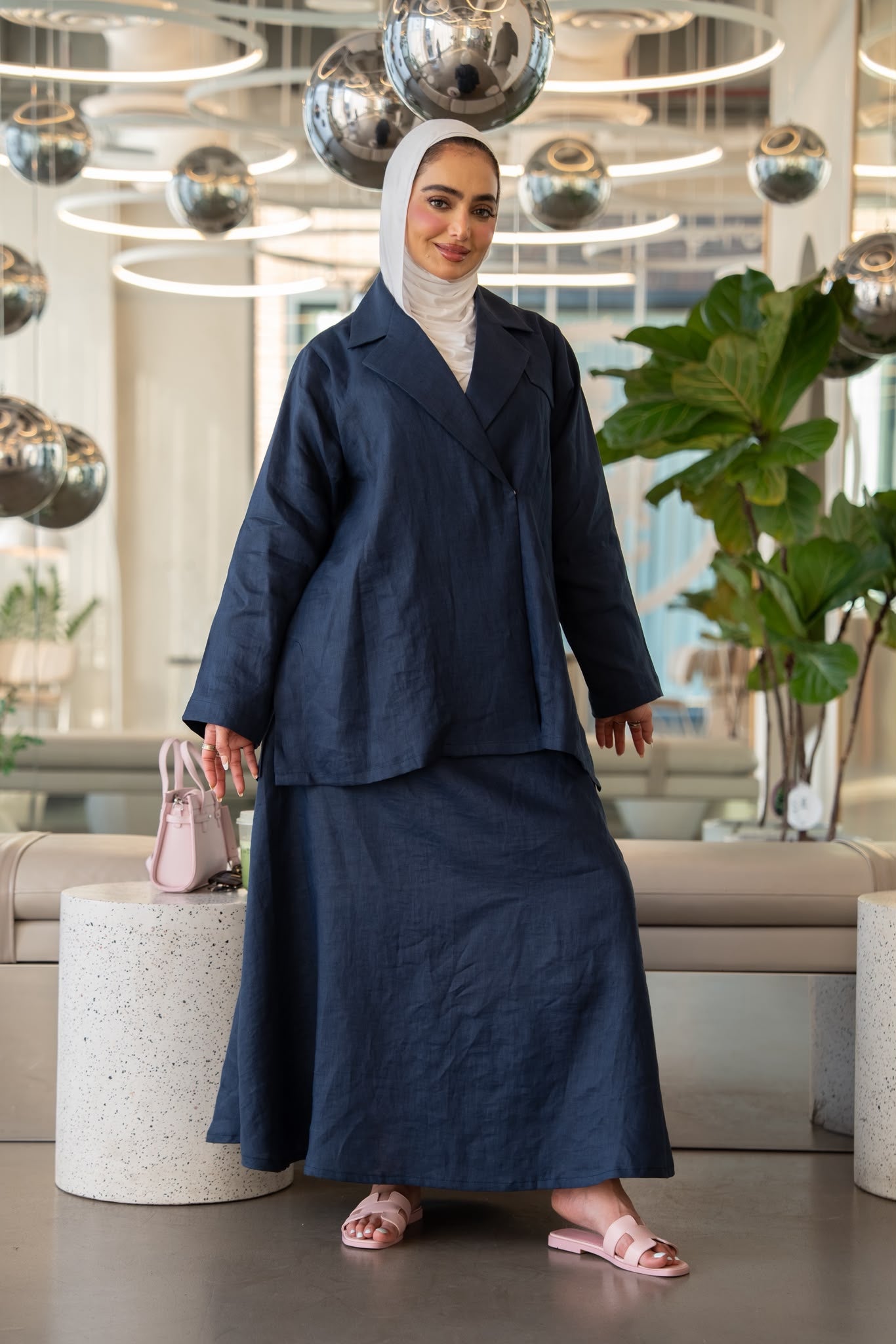Navy blue linen shirt and skirt.C:1113