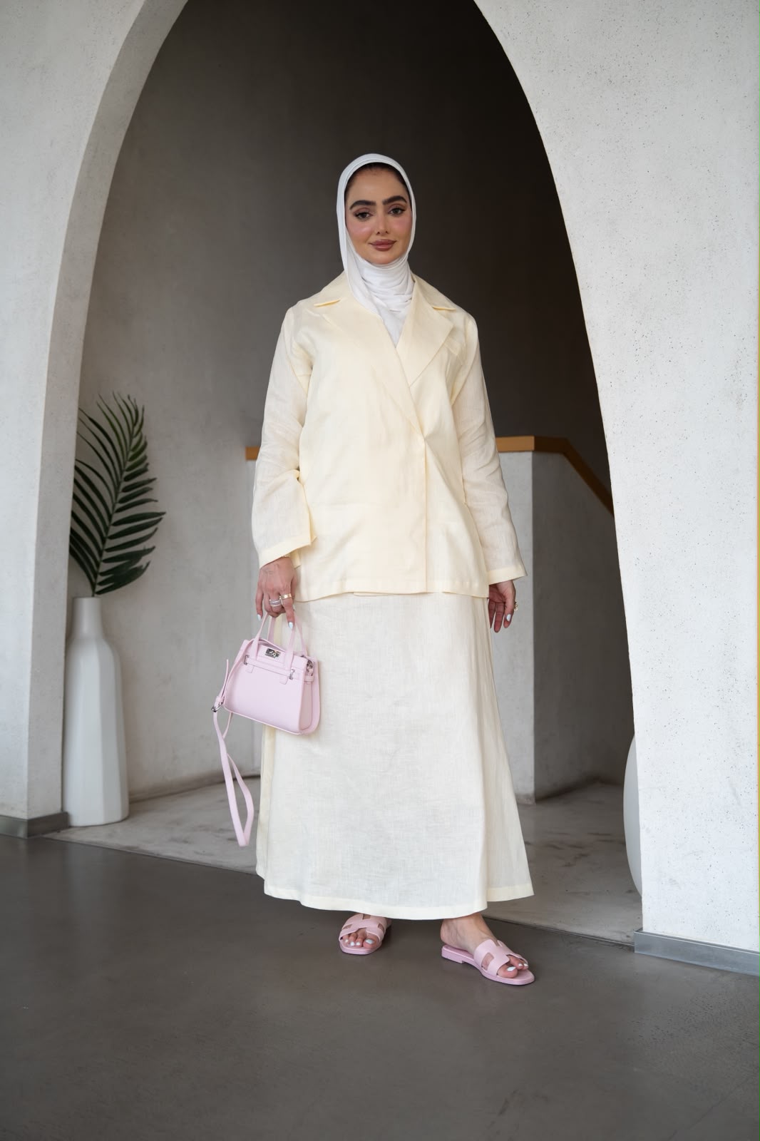 Blazer and skirt set, light yellow linen. C:1107