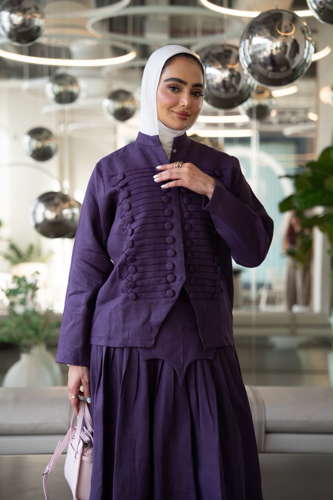 Shirt and skirt set, linen in purple. C:1108