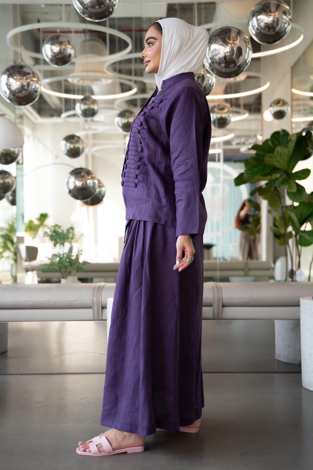 Shirt and skirt set, linen in purple. C:1108