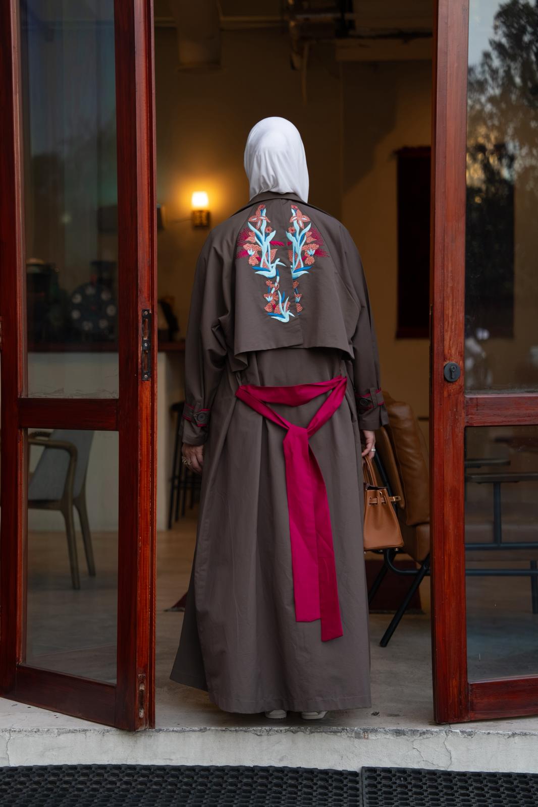 Brown trench coat with embroidery.C:1119