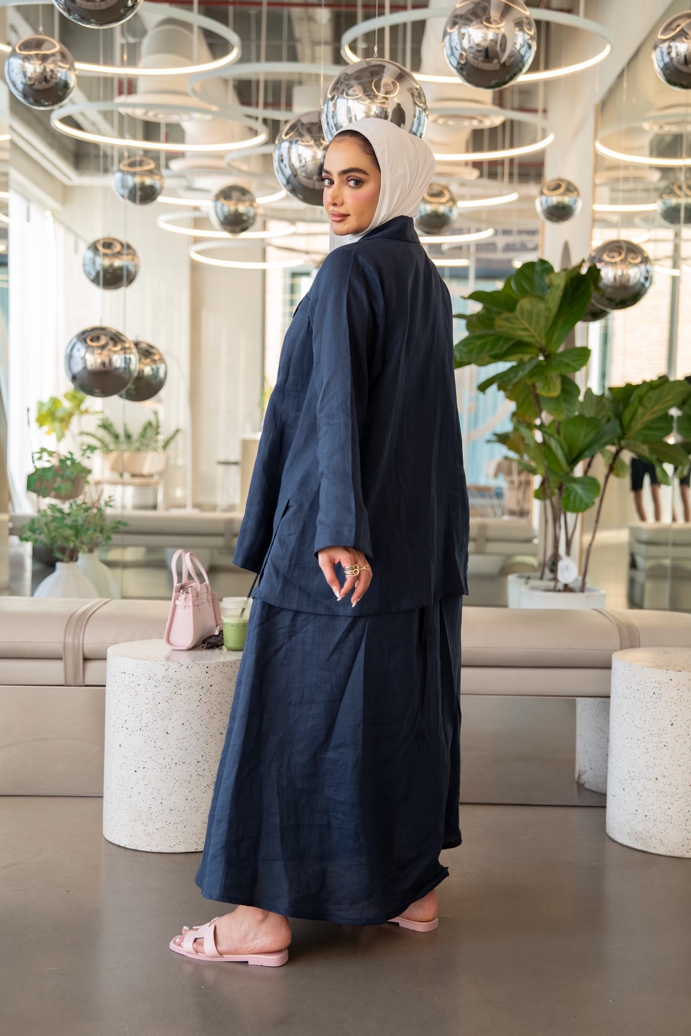 Navy blue linen shirt and skirt.C:1113