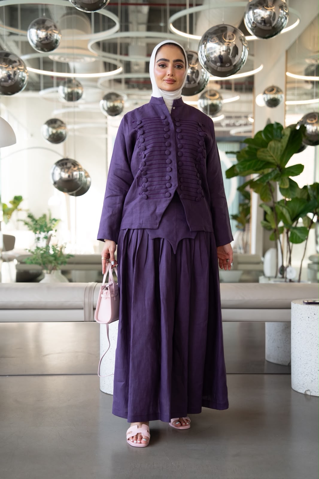 Shirt and skirt set, linen in purple. C:1108