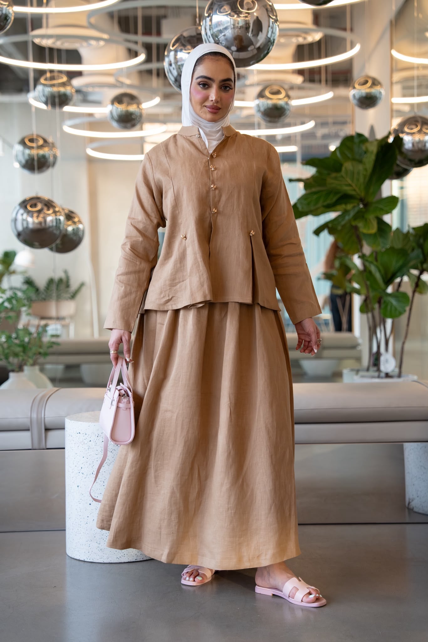 Shirt and skirt set, beige linen.C:1114