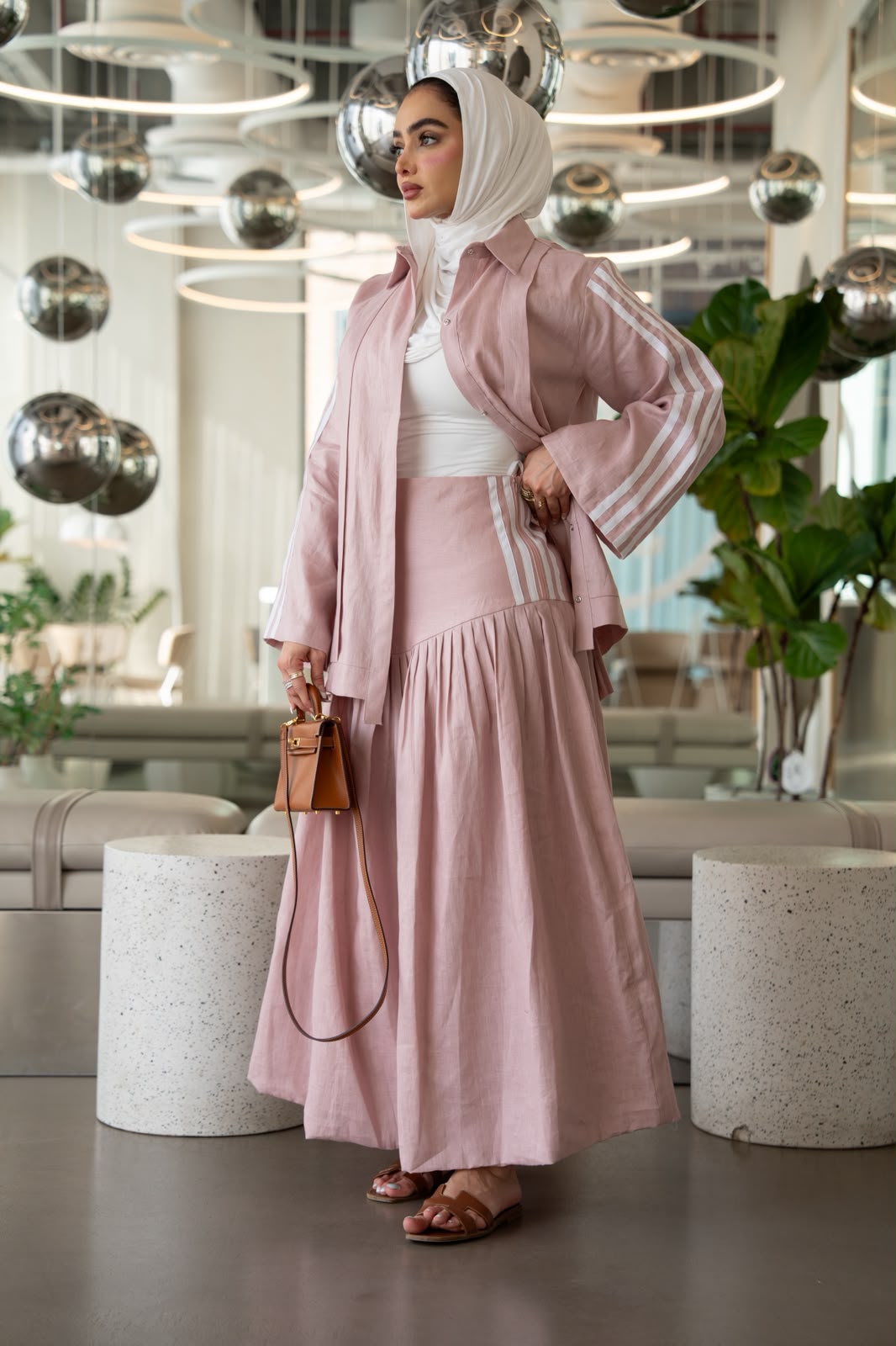Shirt and skirt set, light pink linen. C:1103