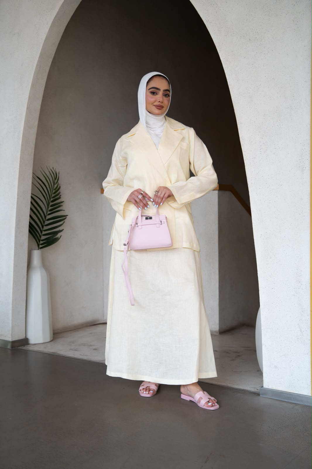 Blazer and skirt set, light yellow linen. C:1107